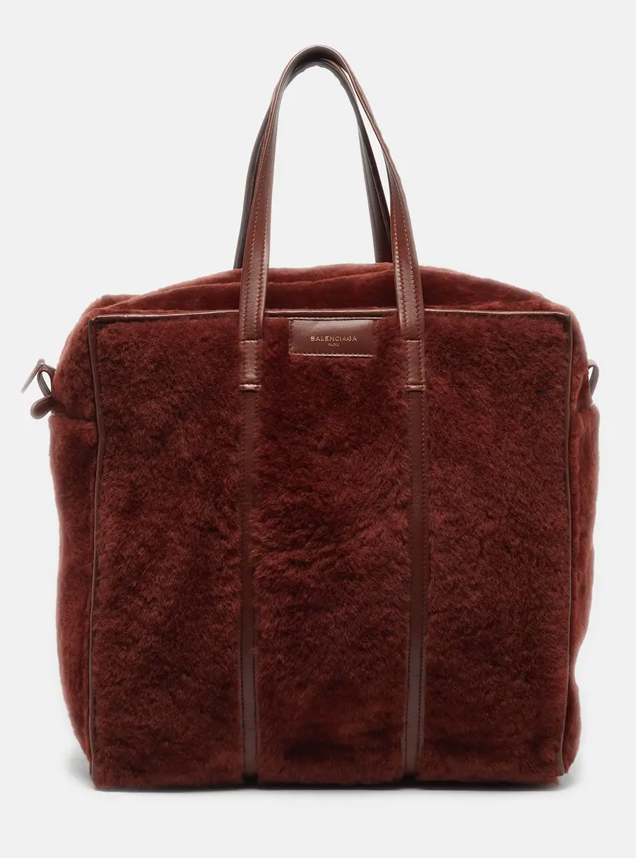 Balenciaga Bazar Medium Brown Shearling and Leather Tote