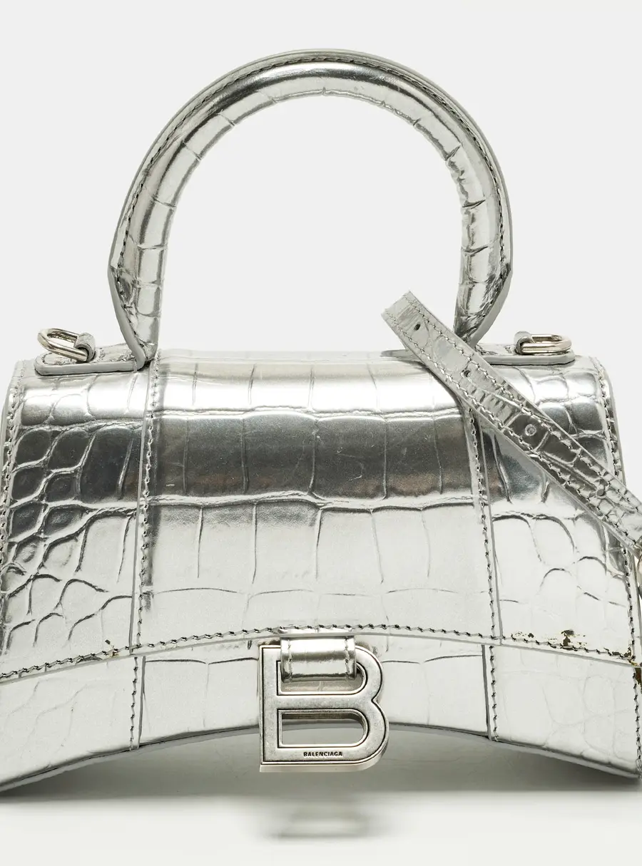 Balenciaga Hourglass XS Silver Croc Embossed Patent Leather Top Handle Bag