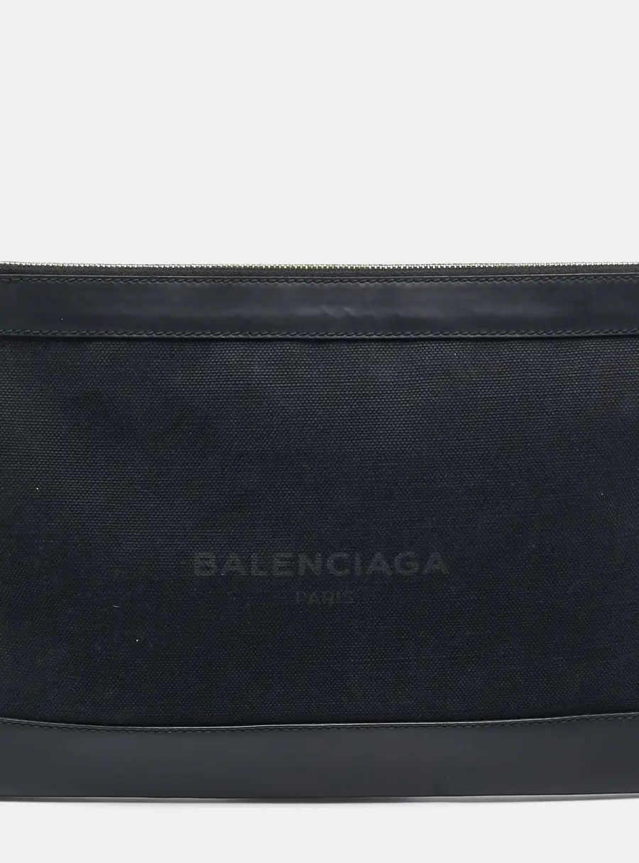 Balenciaga Navy Clip M Black Canvas and Leather Clutch