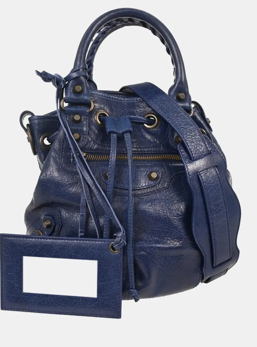 Balenciaga Classic Mini Pompon Blue Leather Drawstring Bag