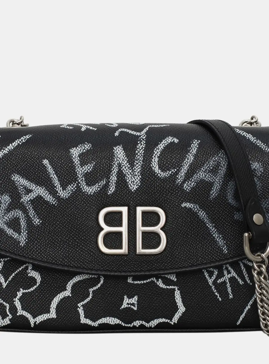 Balenciaga BB Round Medium Graffiti Logo Black Leather Shoulder Bag