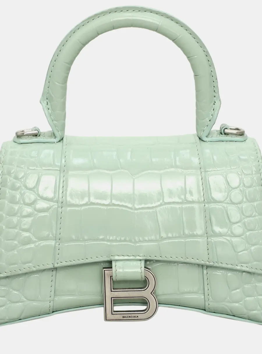 Balenciaga Hourglass XS Light Green Croc Embossed Calfskin Leather Top Handle Bag
