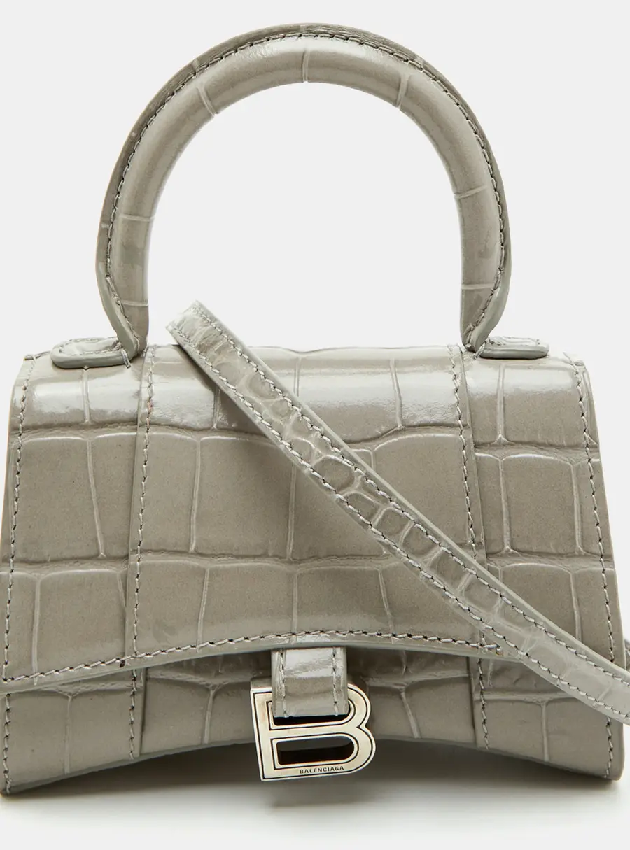 Balenciaga Hourglass Mini Grey Croc Embossed Leather Top Handle Bag