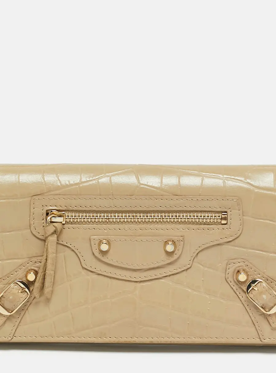 Balenciaga Classic City Beige Croc Embossed Leather Continental Wallet