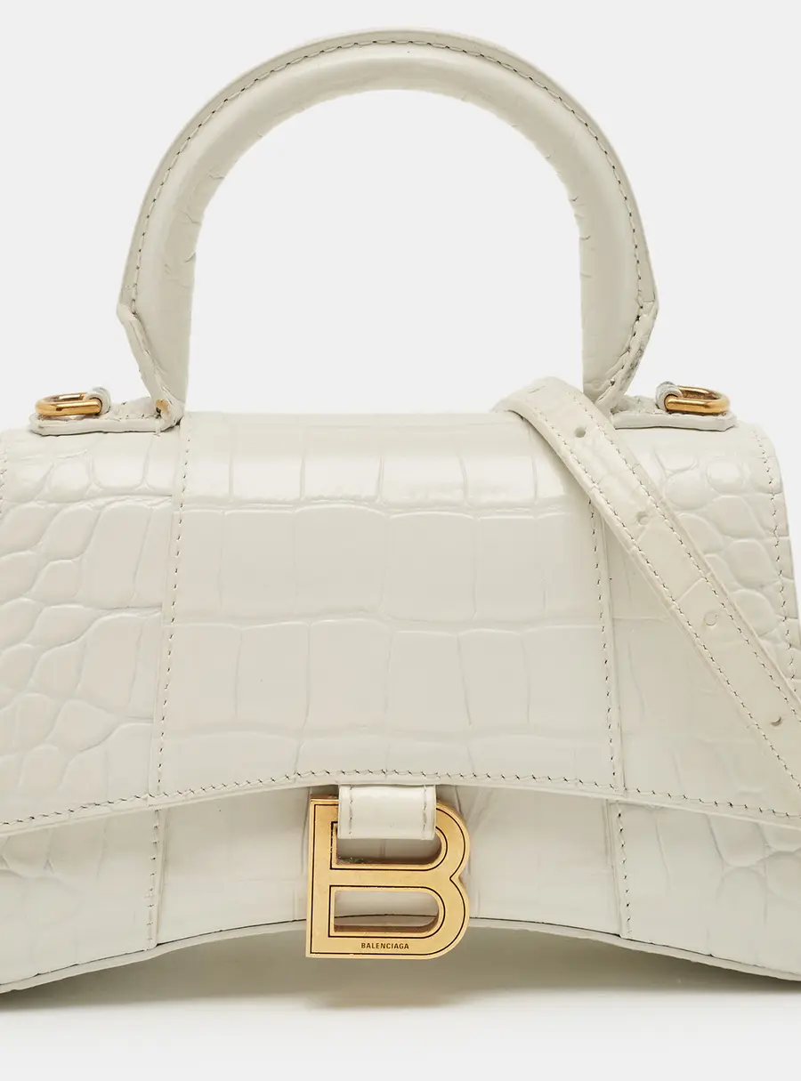 Balenciaga Hourglass XS Off White Croc Embossed Leather Top Handle Bag