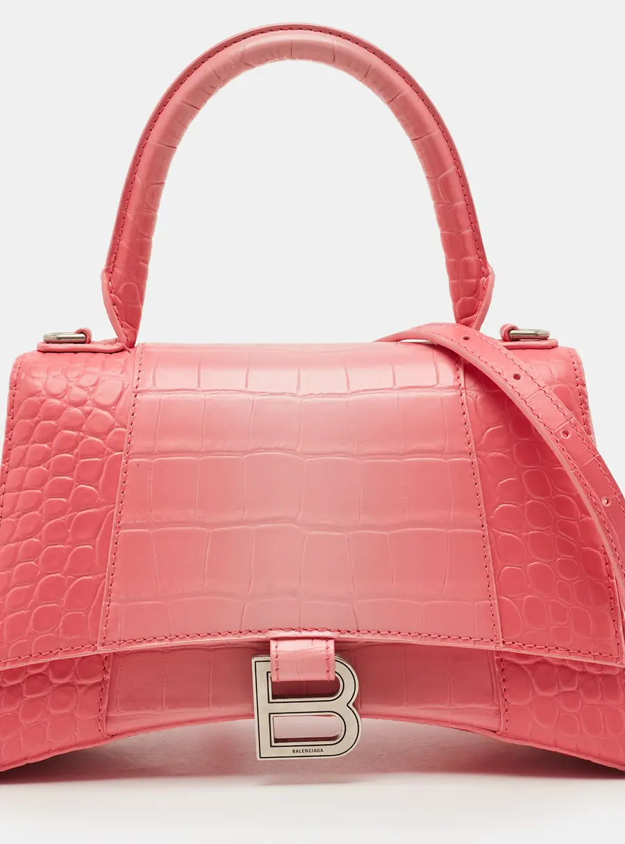 Balenciaga Hourglass Small Pink Croc Embossed Leather Top Handle Bag