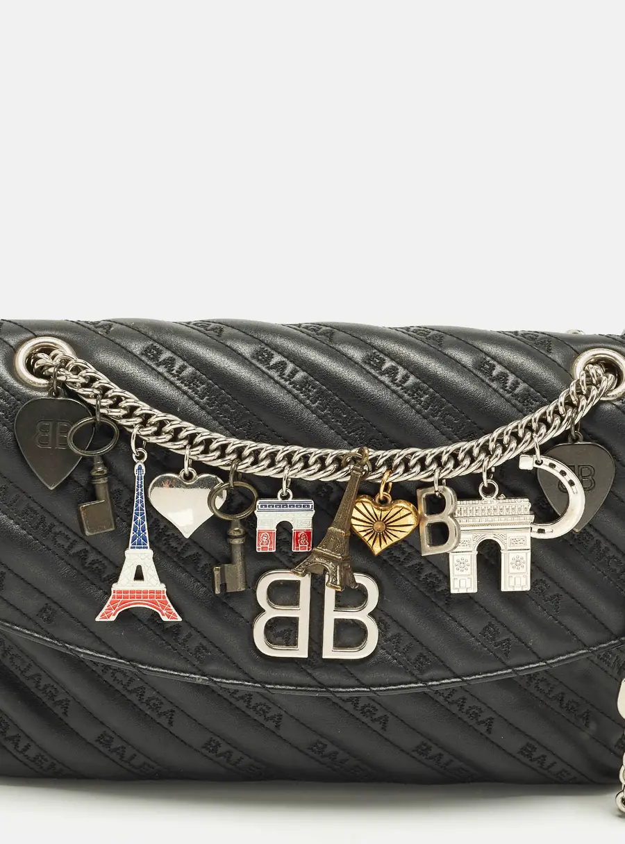 Balenciaga BB Paris Charm Black Embroidered Logo Leather Shoulder Bag