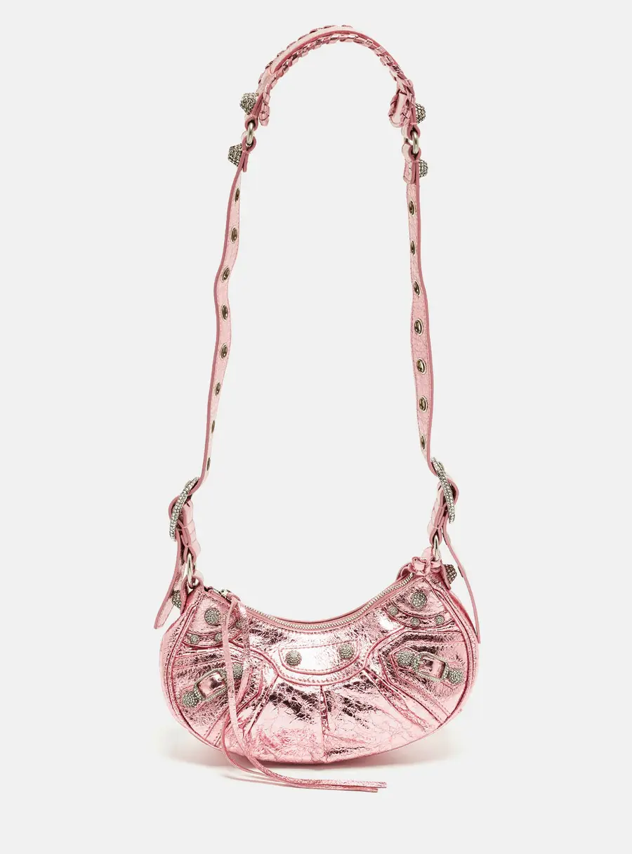 Balenciaga Le Cagole Crystals XS Metallic Pink Foil Leather Shoulder Bag