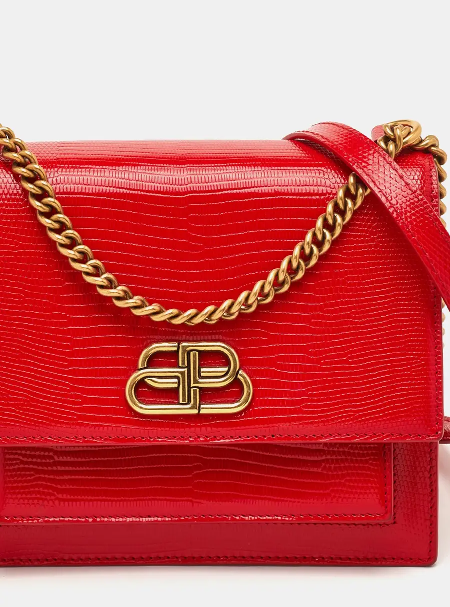Balenciaga Sharp Red Lizard Embossed Patent Leather Flap Shoulder Bag