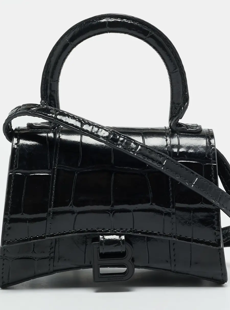 Balenciaga Hourglass Mini Black Croc Embossed Leather Top Handle Bag