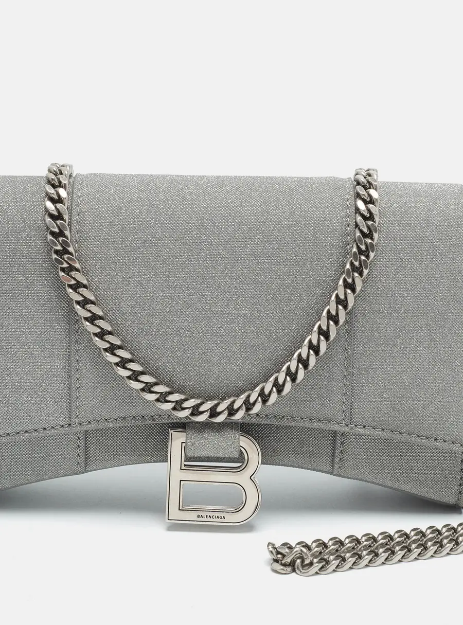 Balenciaga Hourglass Silver Glitter Leather Wallet on Chain