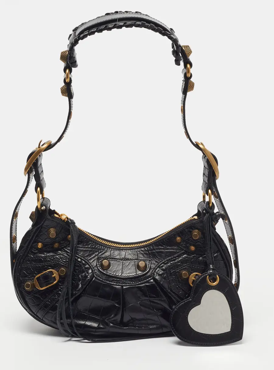 Balenciaga Le Cagole XS Black Croc Embossed Leather Shoulder Bag