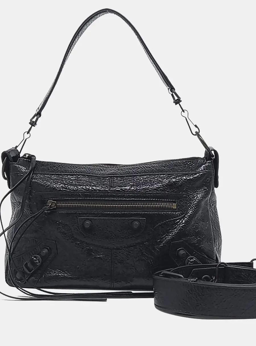 Balenciaga Le City Moto Small Black Crinkled Lambskin Leather Shoulder Bag