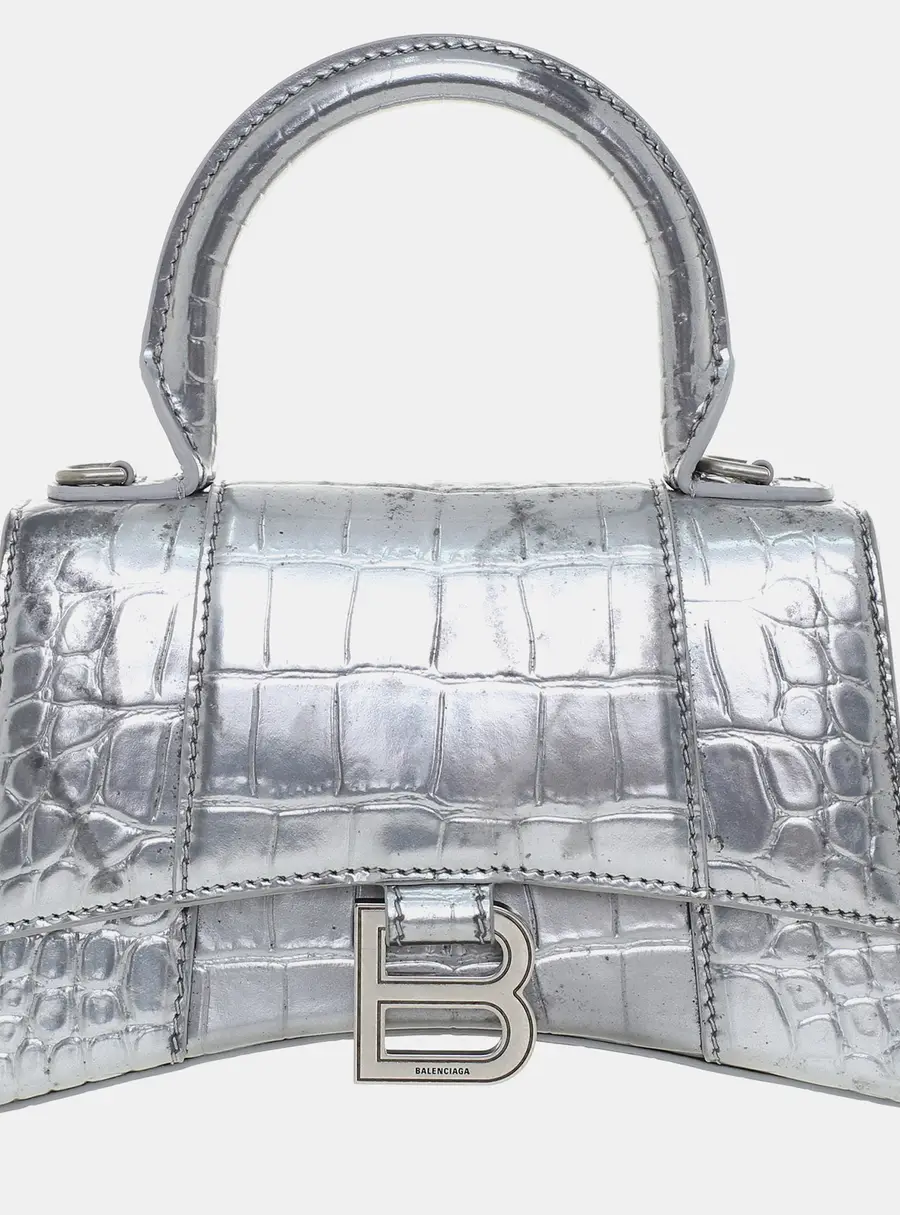 Balenciaga Silver Croc Embossed Hourglass XS Top Handle Bag