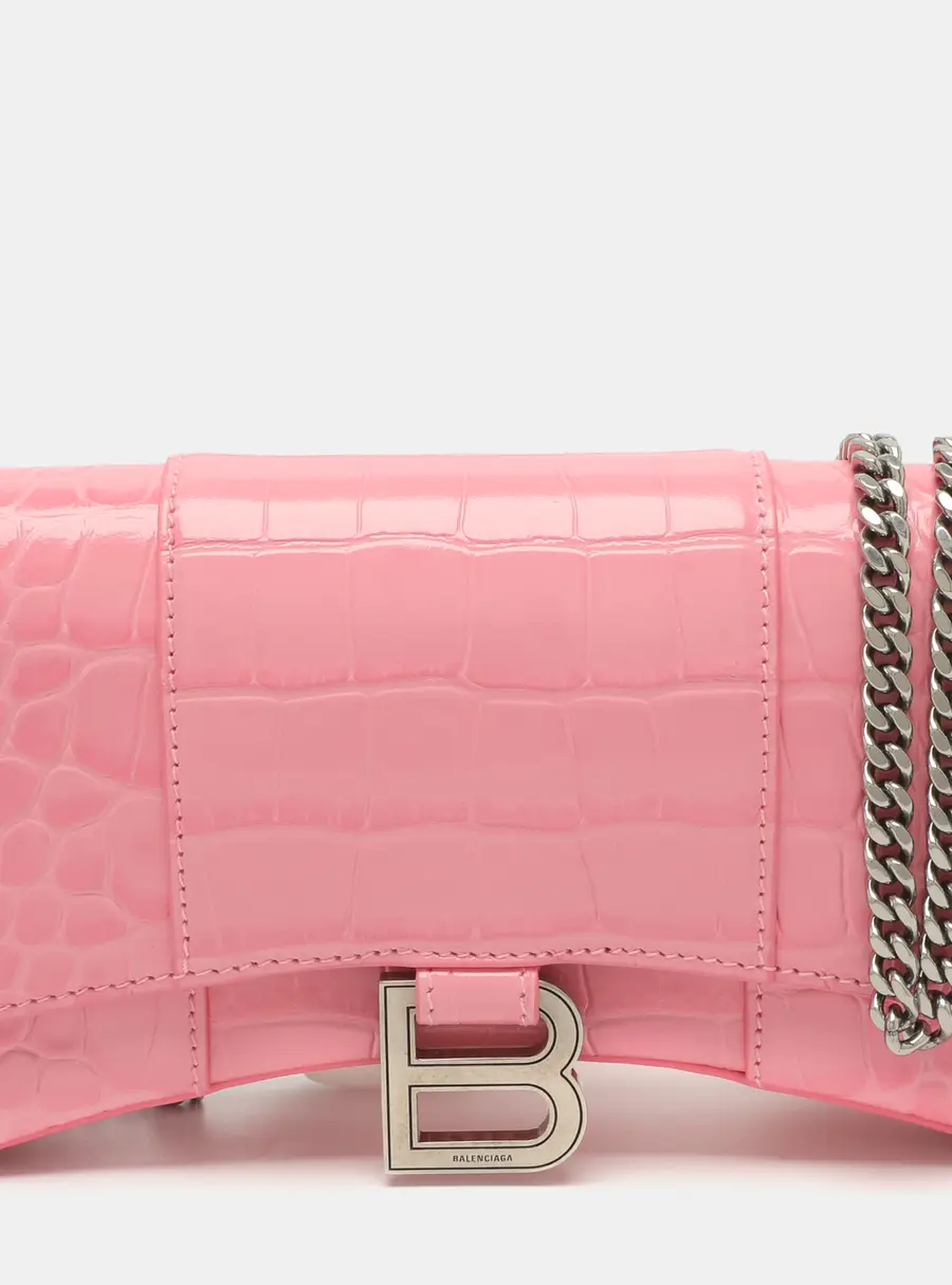Balenciaga Hourglass Pink Croc Embossed Leather Wallet On Chain