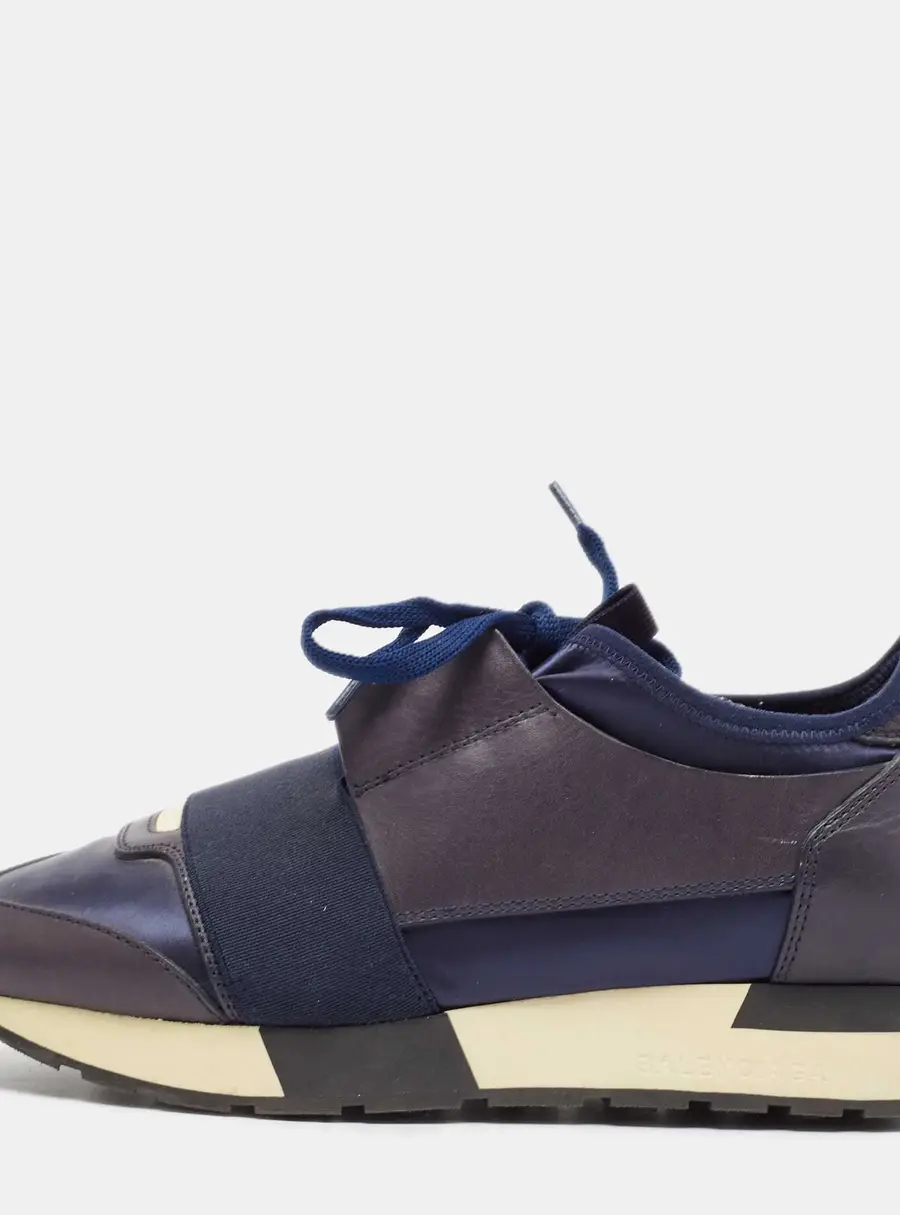 Balenciaga Navy Blue Fabric and Leather Race Runner Lace Up Sneakers Size 37