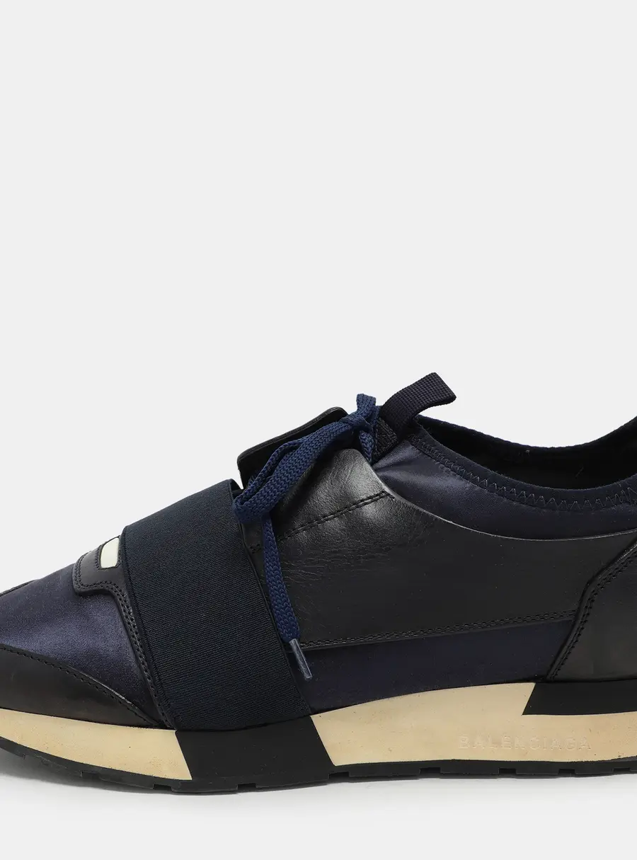 Balenciaga Navy Blue Leather and Satin Race Runner Low Top Sneakers Size 39
