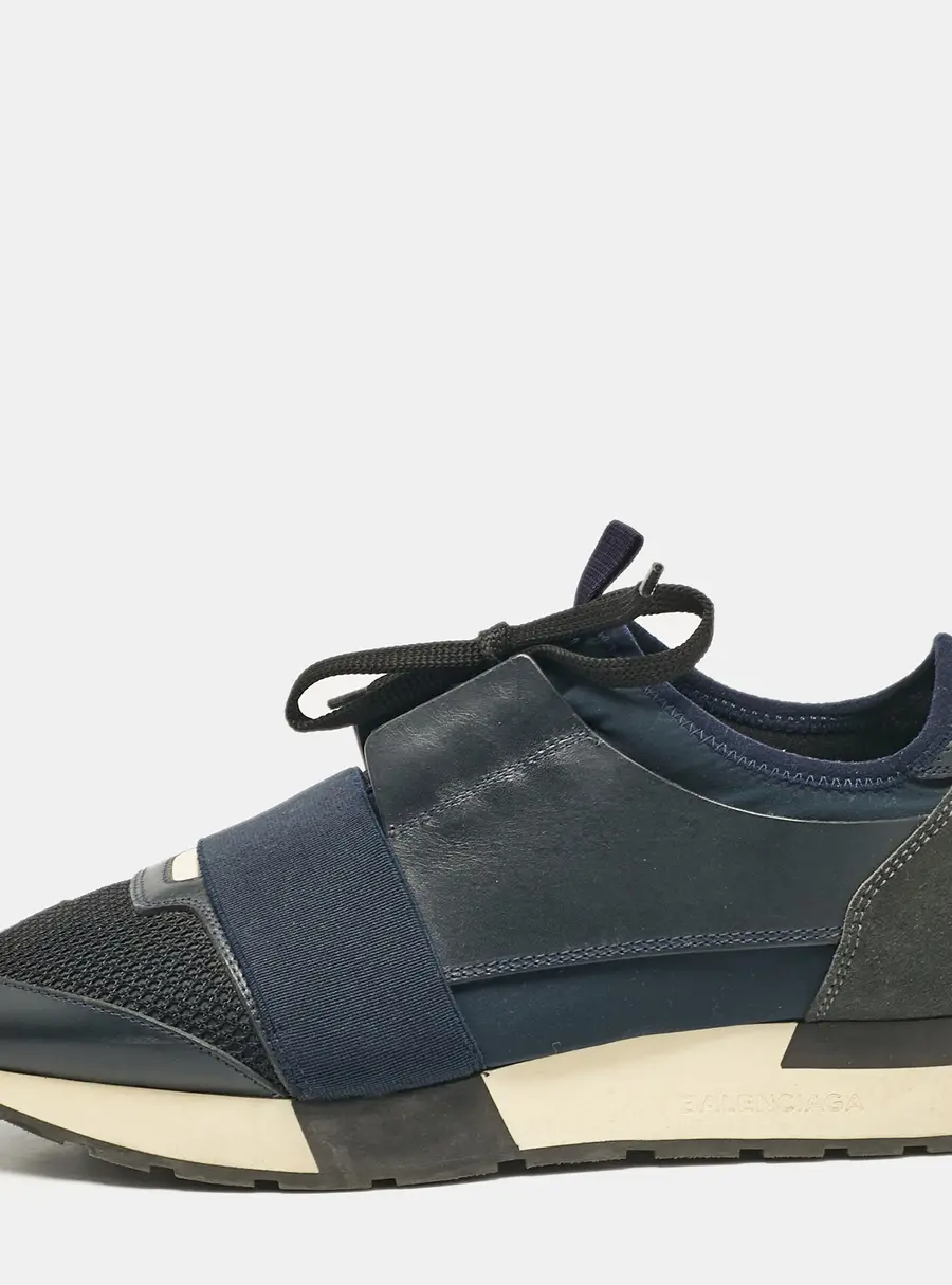 Balenciaga Race Runner Size 39 Navy Blue Fabric, Leather and Mesh Lace Up Sneakers