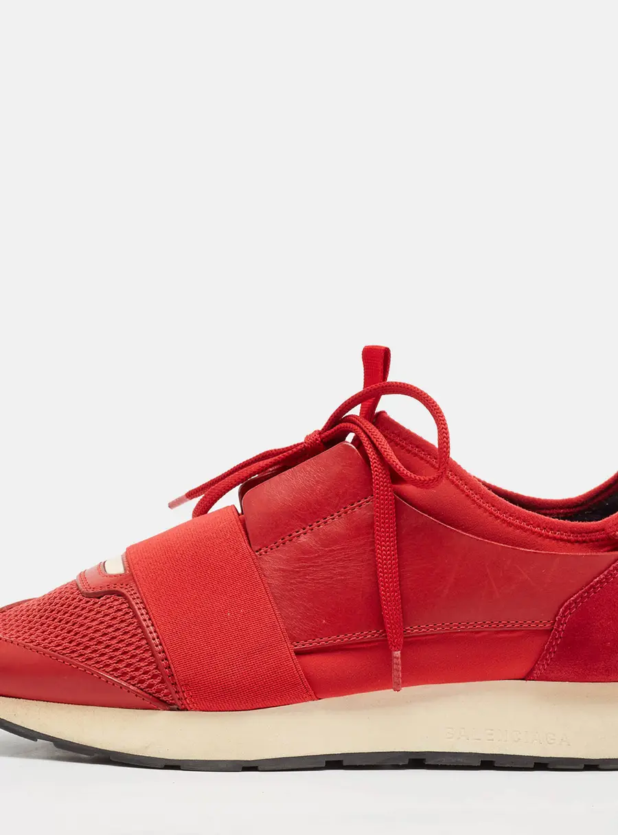 Balenciaga Red Leather  and Suede Race Runner Lace Up Sneakers Size 38