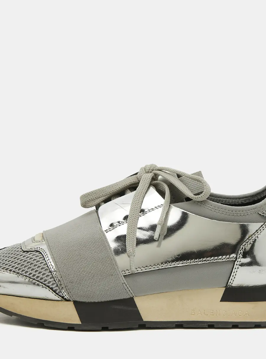 Balenciaga Race Runner Size 36 Silver Leather and Mesh Lace Up Sneakers