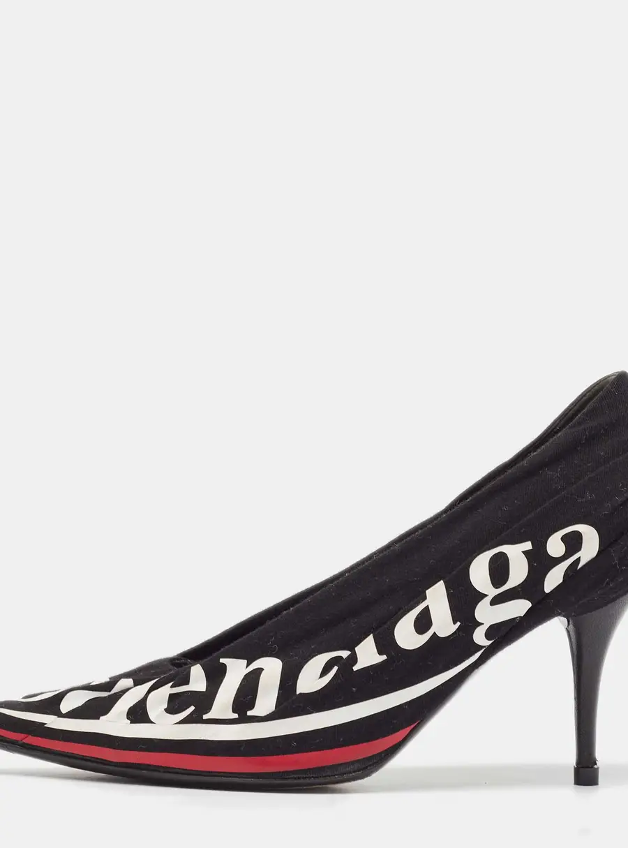 Balenciaga Black Logo Print Fabric Knife Pumps Size 38