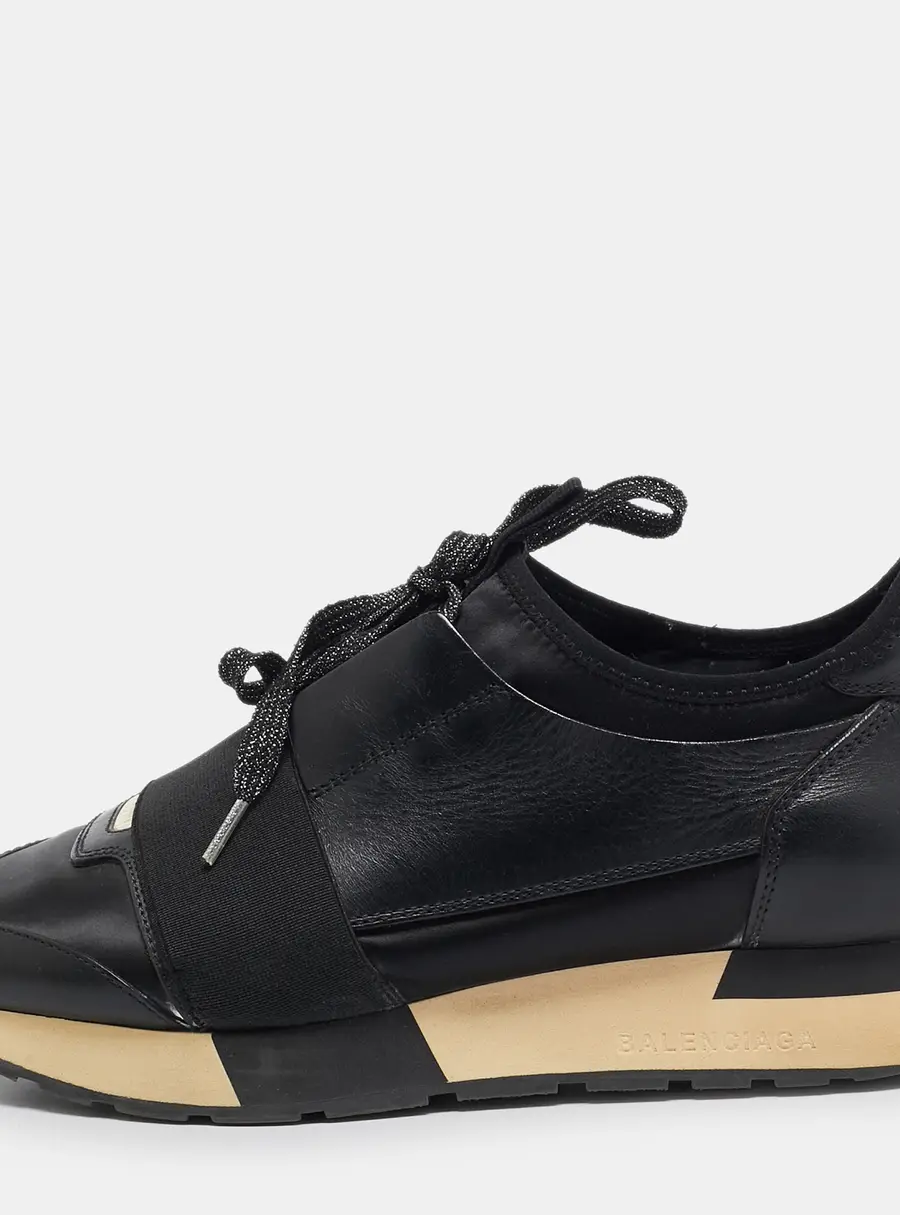Balenciaga Race Runner Size 37 Black Fabric and Leather Lace Up Sneakers