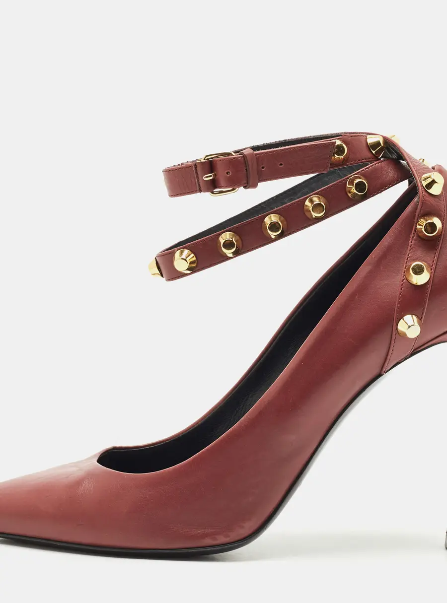 Balenciaga Burgundy Leather Studded Pointed Toe Ankle Wrap Pumps Size 40