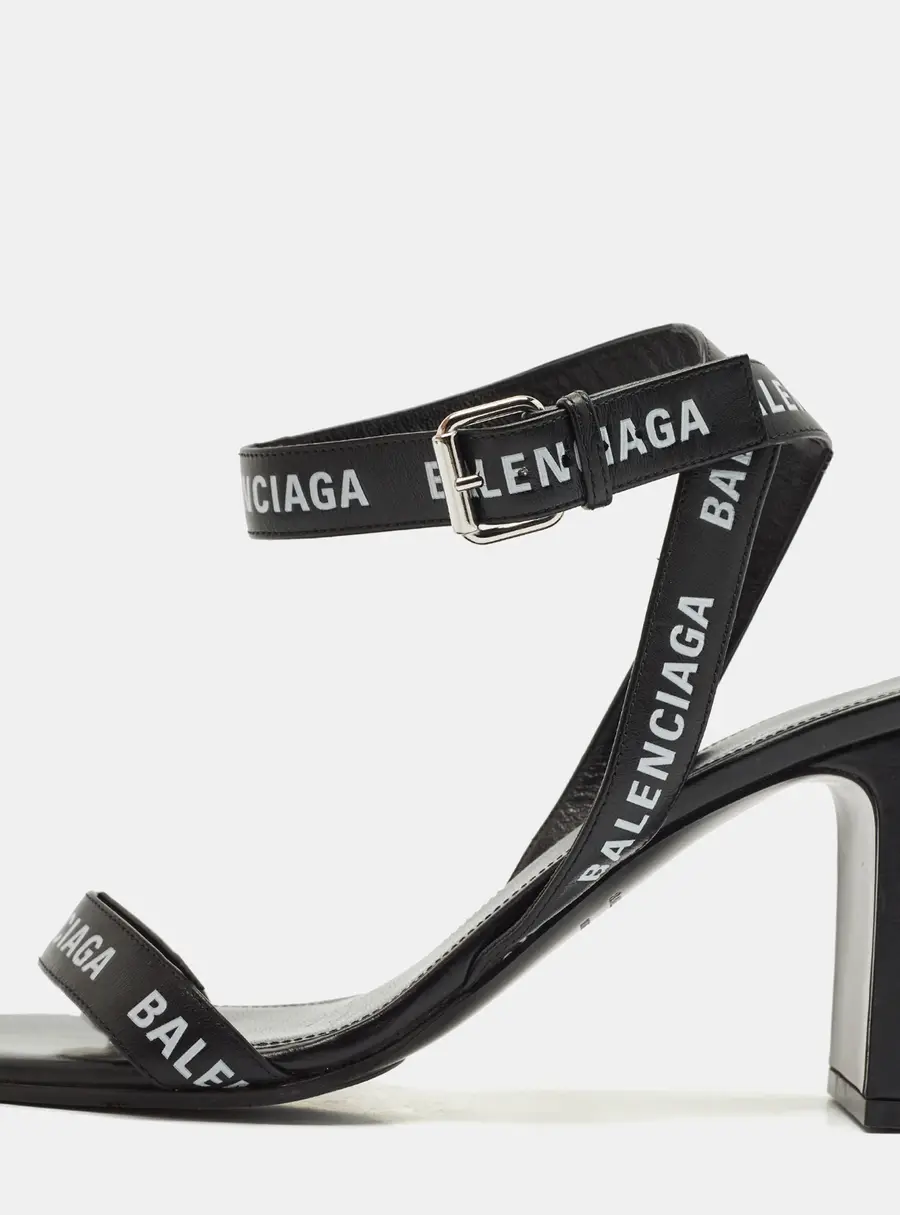 Balenciaga Black Logo Print Leather Ankle Strap Sandals Size 38