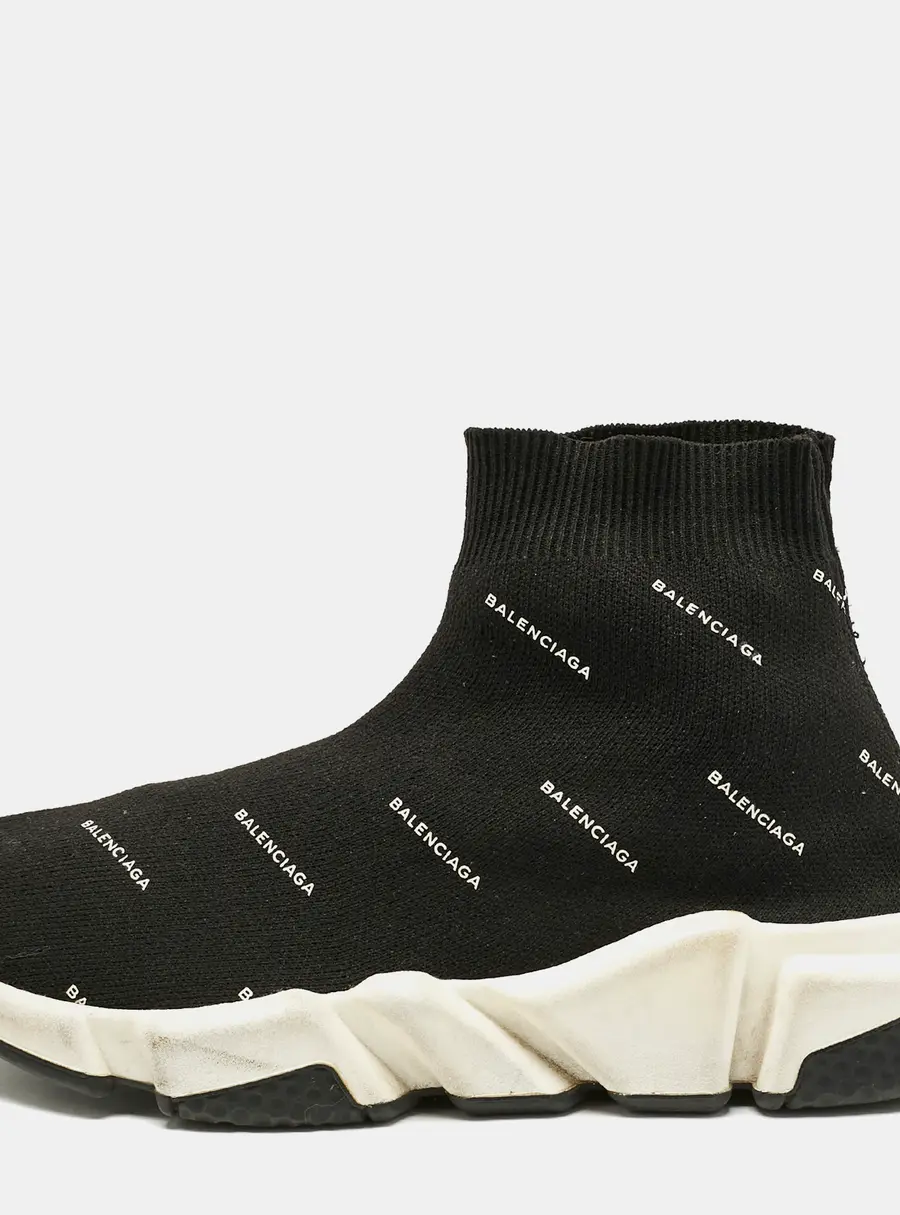 Balenciaga Black/White Knit Fabric Allover Logo Speed Trainer Sneakers Size 39