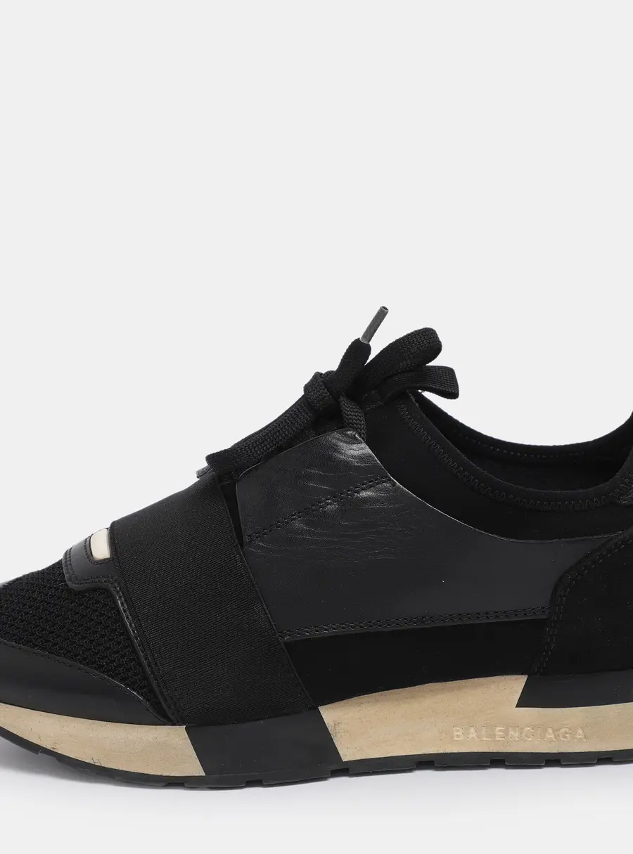 Balenciaga Black Leather and Mesh Race Runner Low Top Sneakers Size 37