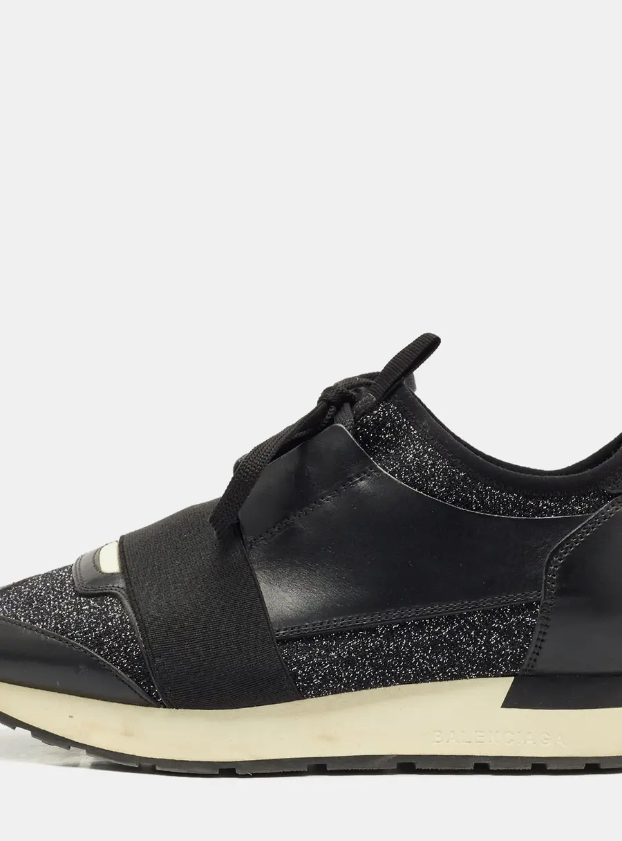 Balenciaga Black/Silver Fabric and Leather Race Runner Lace Up Sneakers Size 38