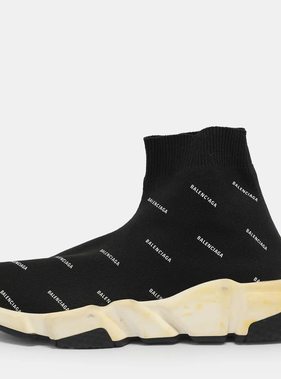 Balenciaga Logo Print Speed Size 39 Black Knit Fabric High Top Sneakers