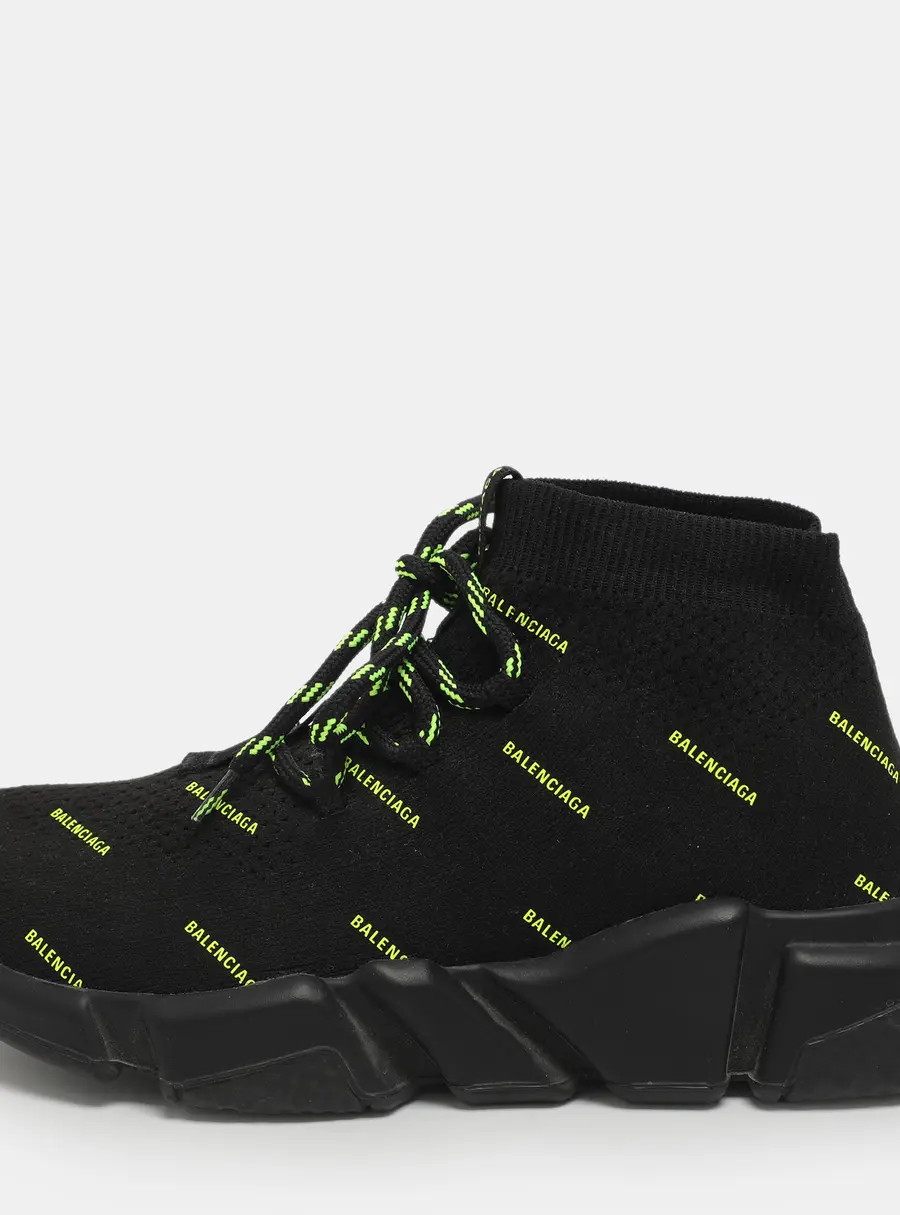 Balenciaga Triple S All Over Logo Size 37 Black Knit Fabric High Top Sneakers