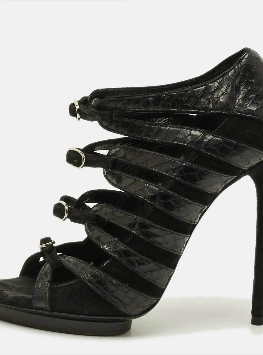 Balenciaga Size 37.5 Black Python Leather Suede Strappy Sandals