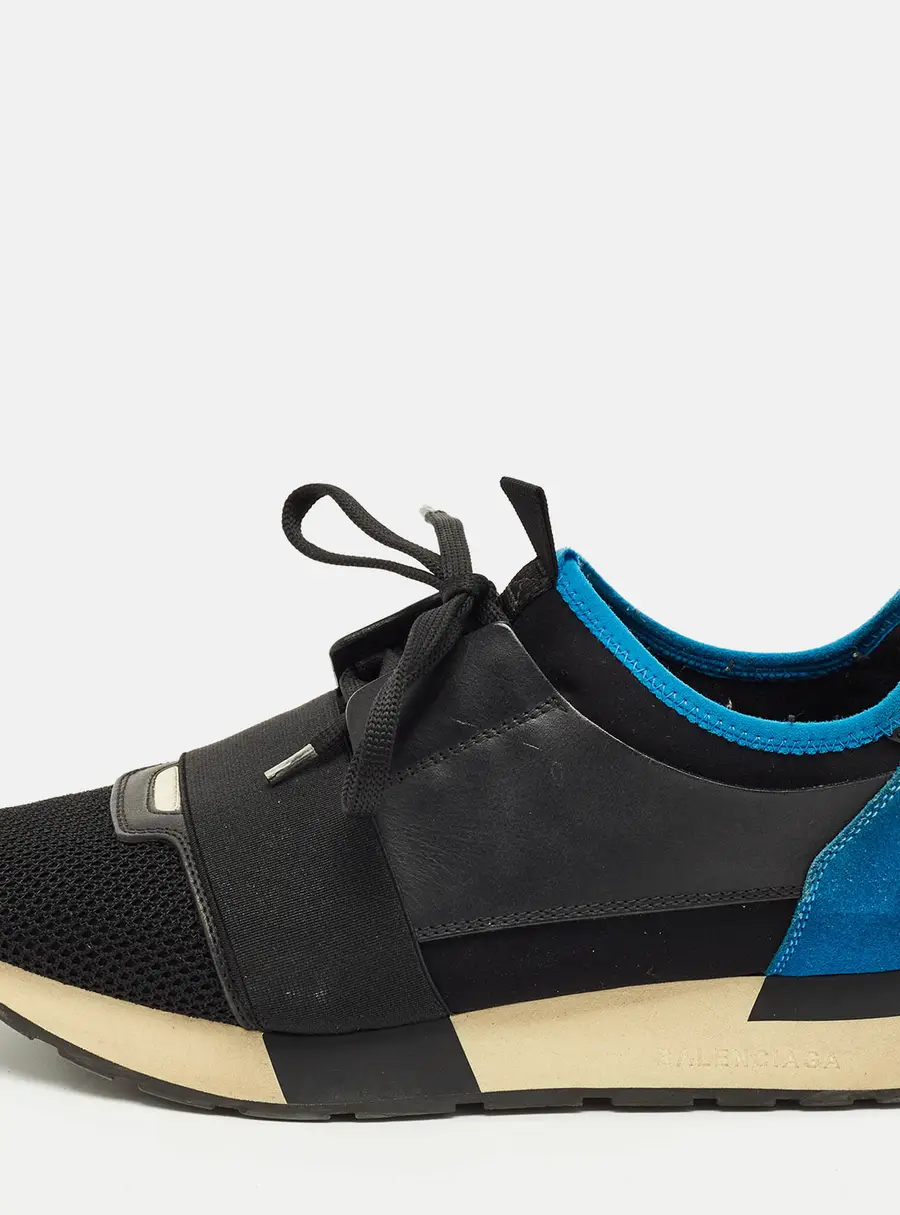 Balenciaga Black/Blue Fabric and Leather Race Runner Low Top Sneakers Size 39