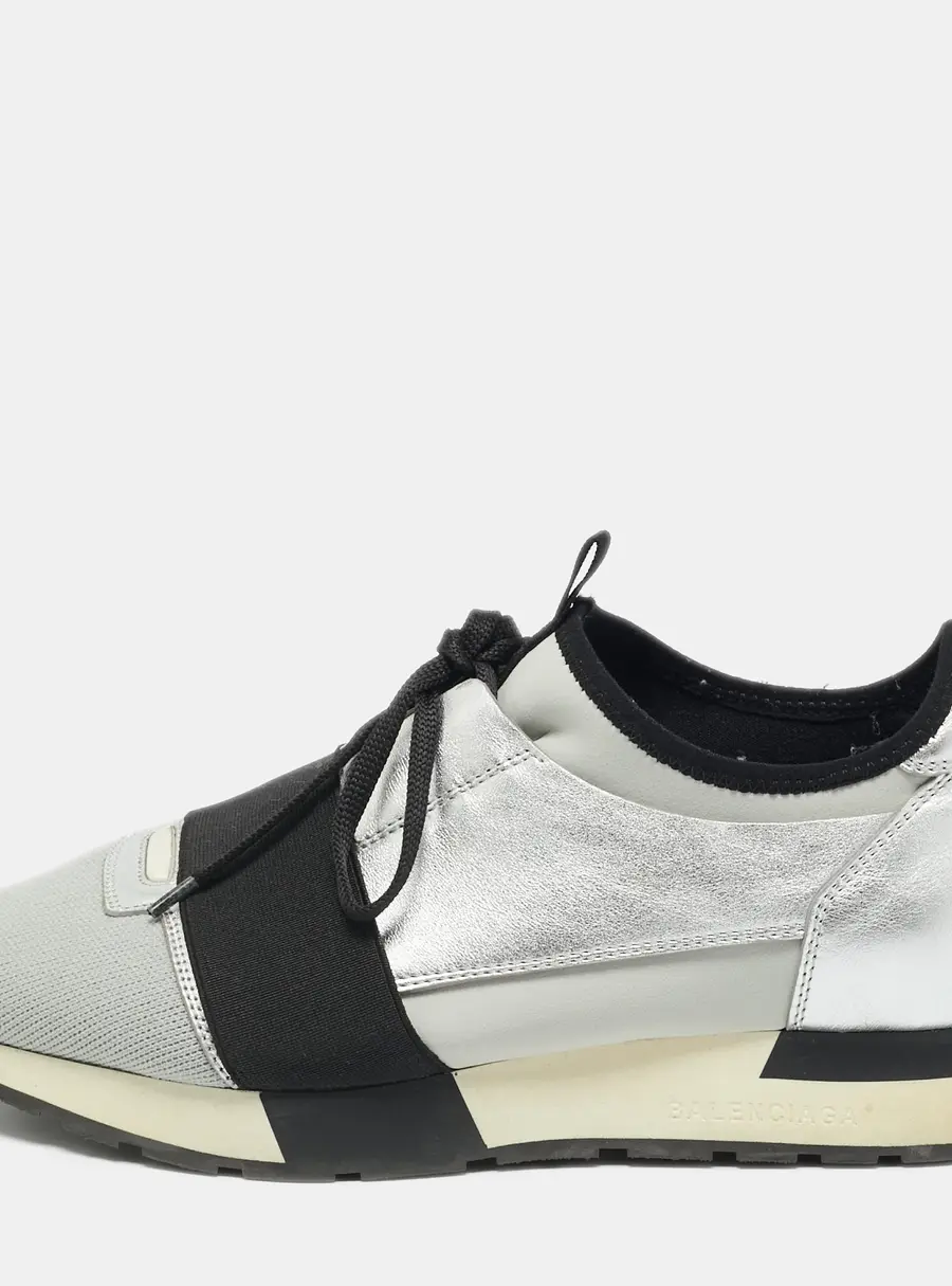 Balenciaga Race Runner Size 39 Silver Leather, Mesh and Neoprene Low Top Sneakers