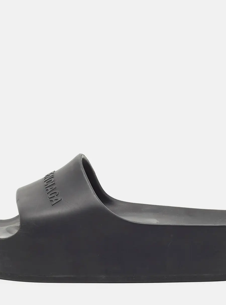 Balenciaga Size 36 Black Rubber Logo Chunky Pool Flat Slide