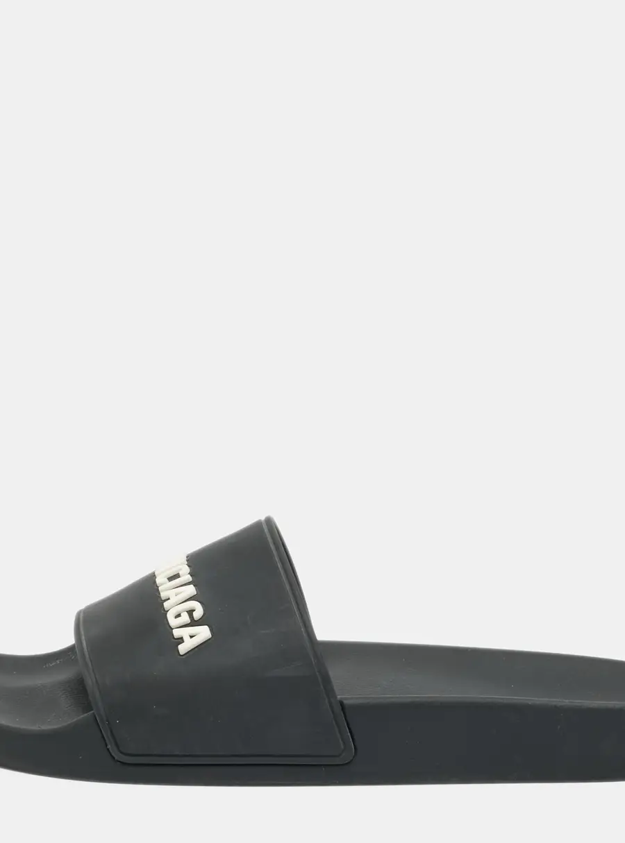 Balenciaga Size 40 Black Rubber Logo Pool Slide Sandals