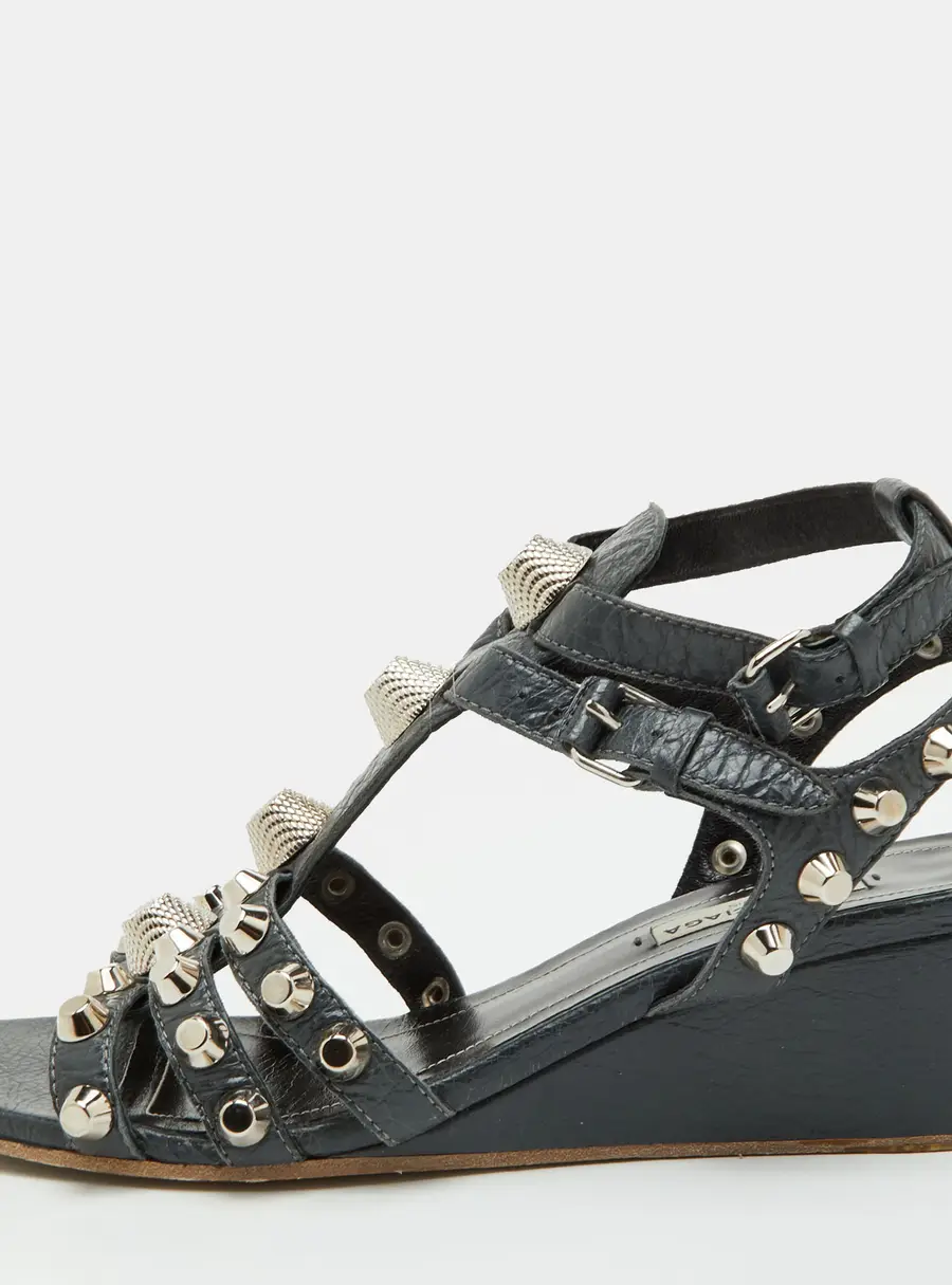 Balenciaga Arena Size 38 Grey Leather Studded Wedge Sandals