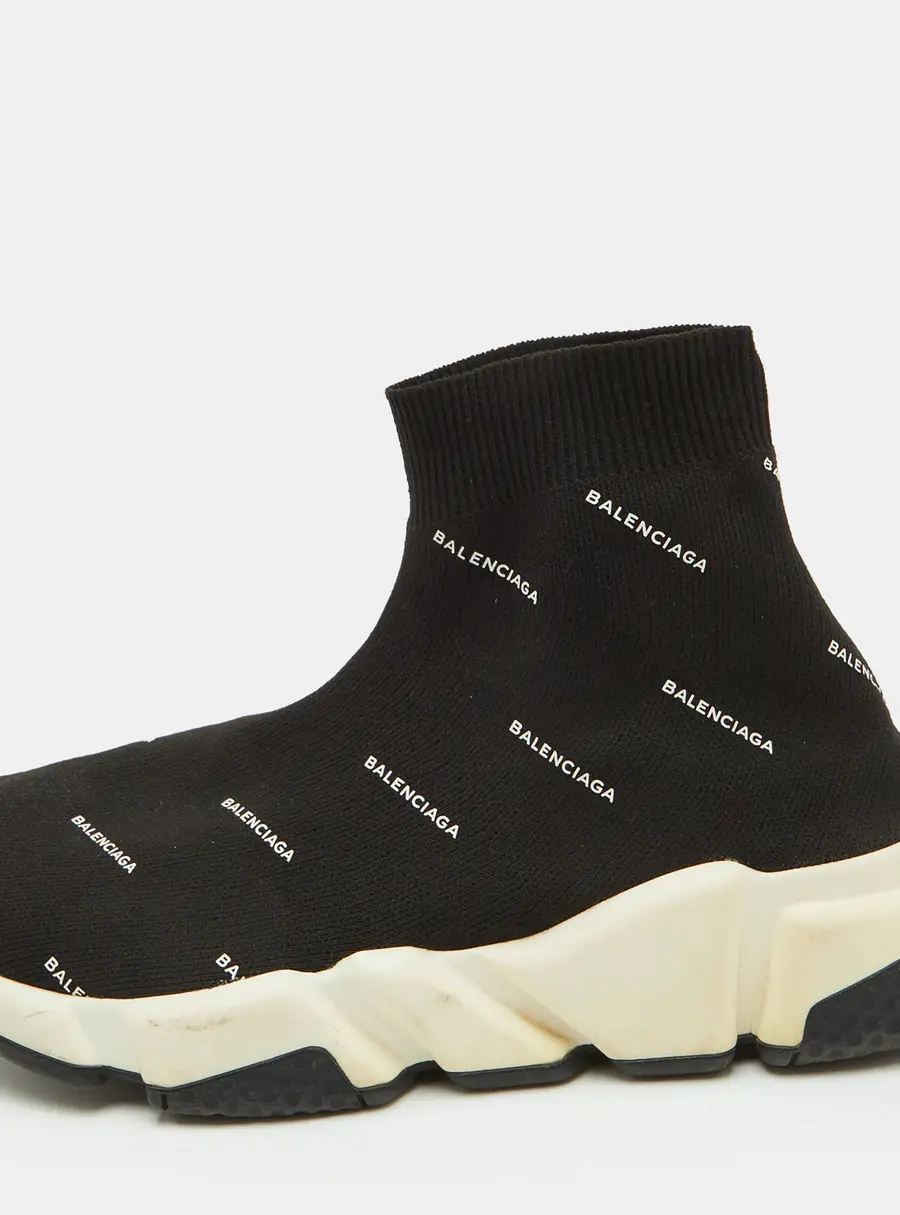 Balenciaga Speed Trainer Size 38 Black Knit Fabric Allover Logo Slip On Sneakers