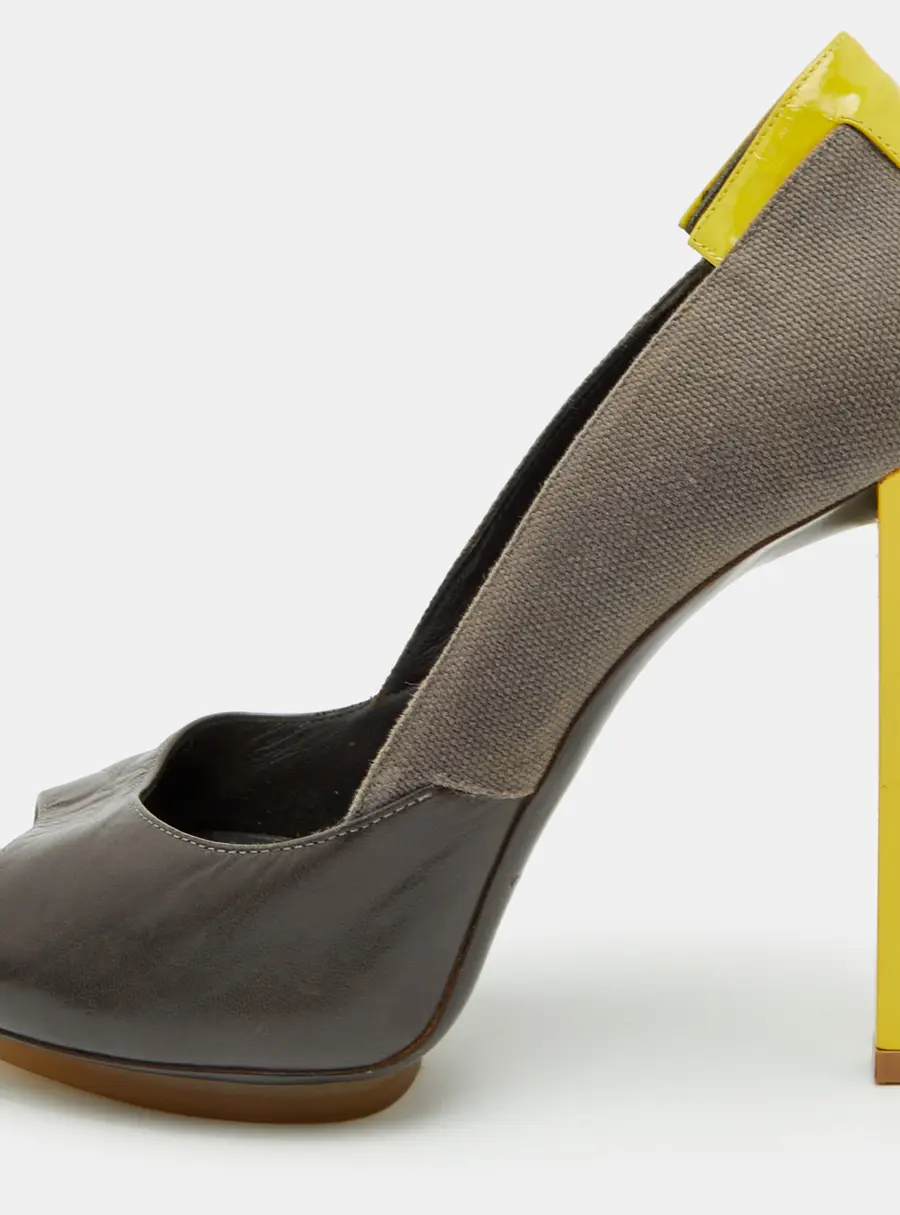 Balenciaga Size 36 Grey/Yellow Canvas and Leather Platform Peep Toe Pumps