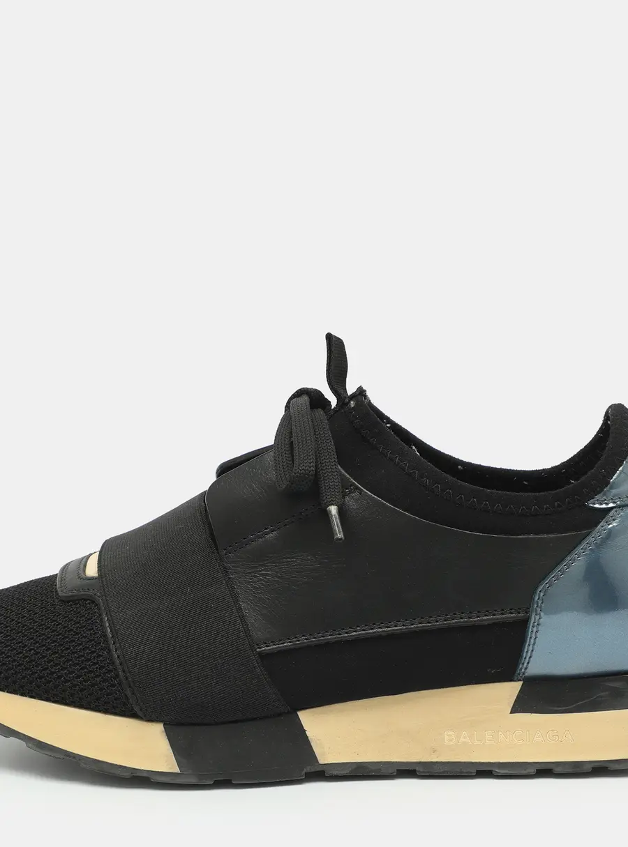 Balenciaga Race Runner Size 39 Black/Metallic Blue Leather And Mesh Low Top Sneakers