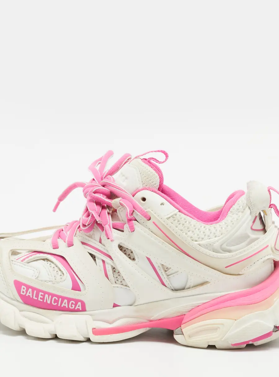 Balenciaga Track Size 34 White/Pink Faux Leather and Mesh Lace Up Sneakers