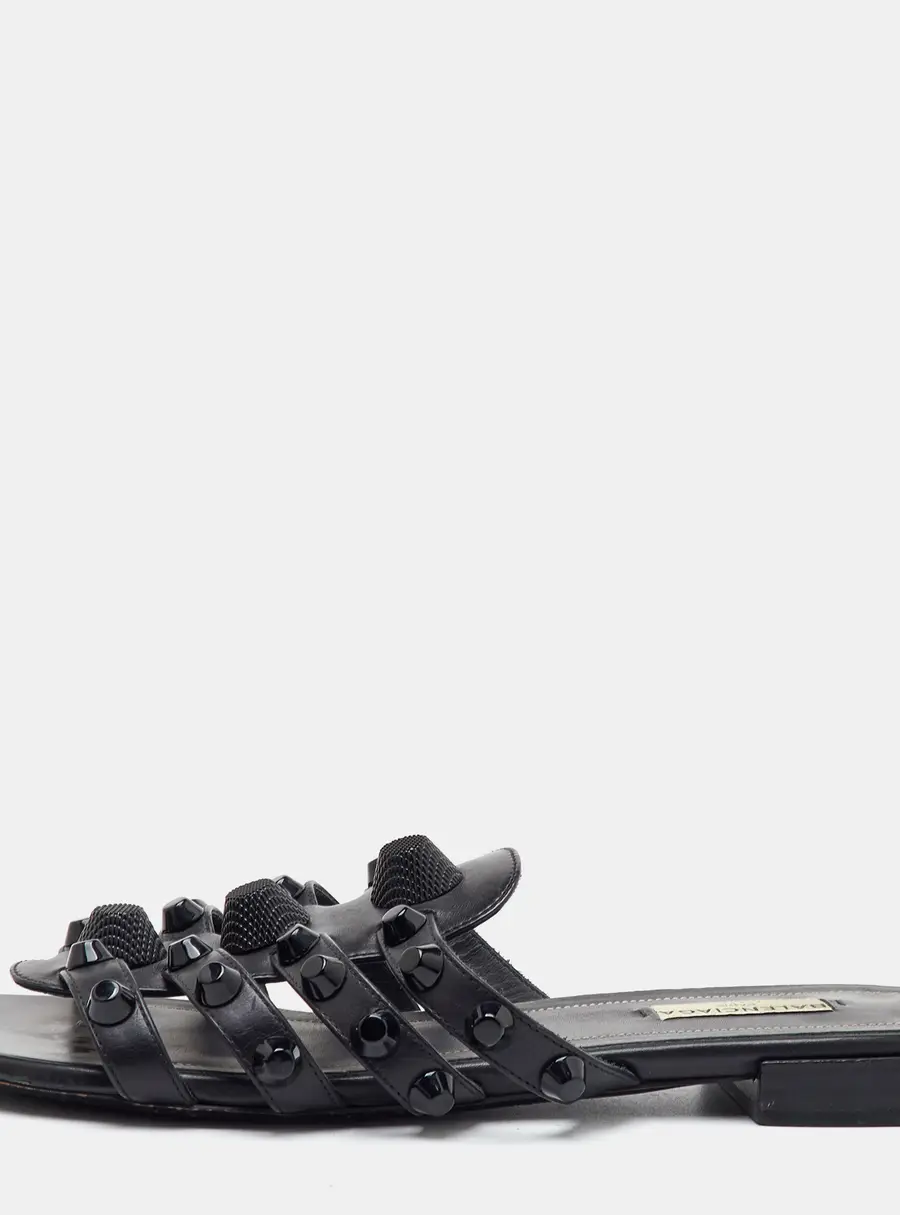 Balenciaga Arena Studded Size 39 Black Leather Flat Sandals