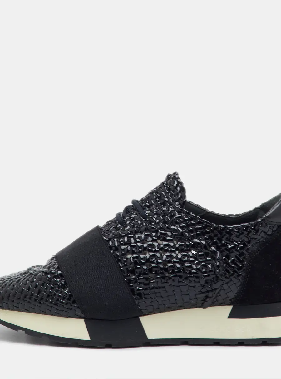 Balenciaga Race Runner Size 39 Black Woven Patent Leather, Stretch Band and Suede Low Top Sneakers