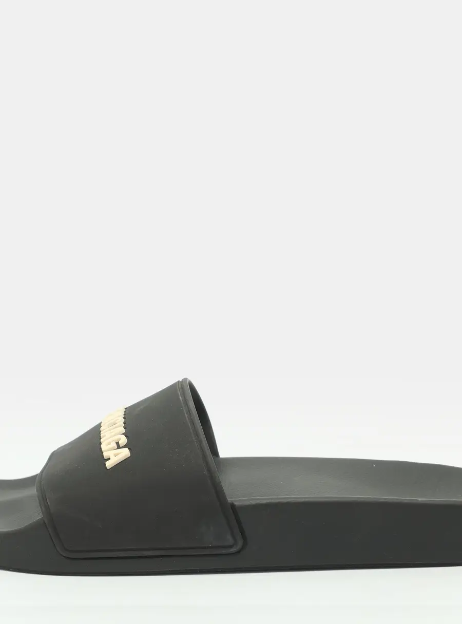 Balenciaga Logo Size 38 Black Rubber Pool Flat Slides