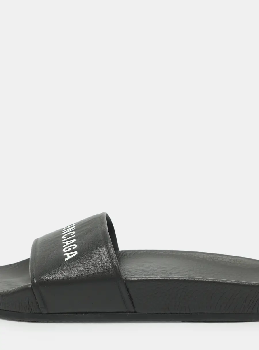 Balenciaga Logo Size 36 Black Leather Flat Slides