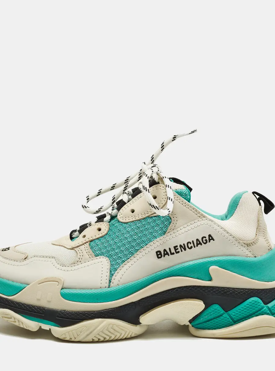 Balenciaga Triple S Size 39 White/Teal Mesh and Nubuck Leather Lace Up Sneakers