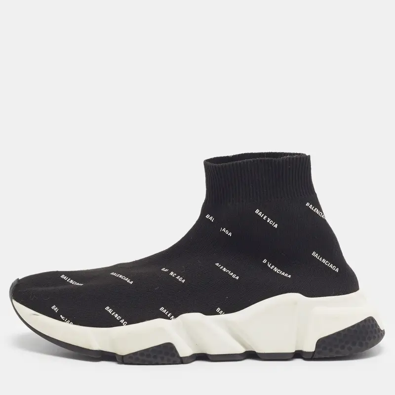 Balenciaga Black/White Knit Fabric Allover Logo Speed Trainer Sneakers Size 37