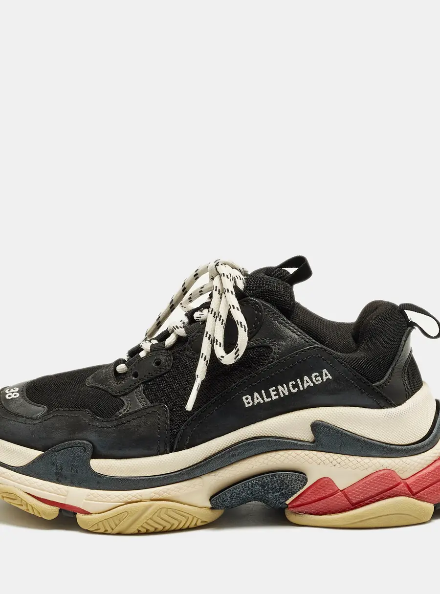 Balenciaga Triple S Size 38 Black Mesh and Nubuck Leather Low Top Sneakers